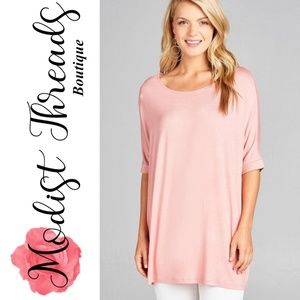 Pink Elbow Sleeve Round Neck Jersey Tunic Top